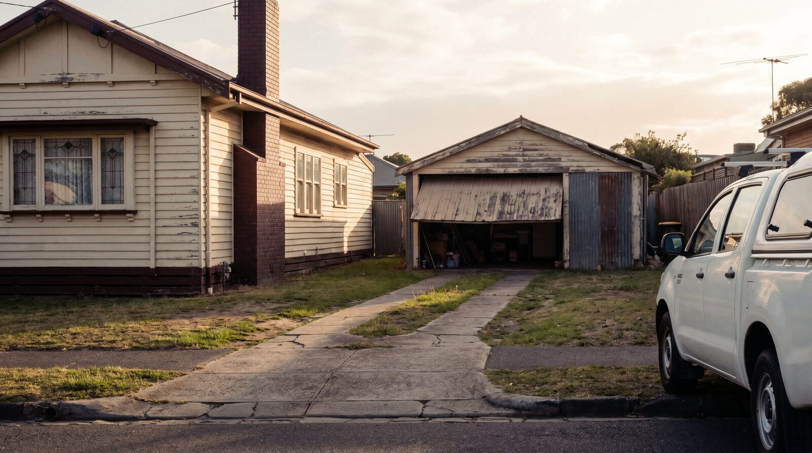 Twin concrete driveway strips running past a weatherboard bungalow to an old detached garage with a sagging tilt door