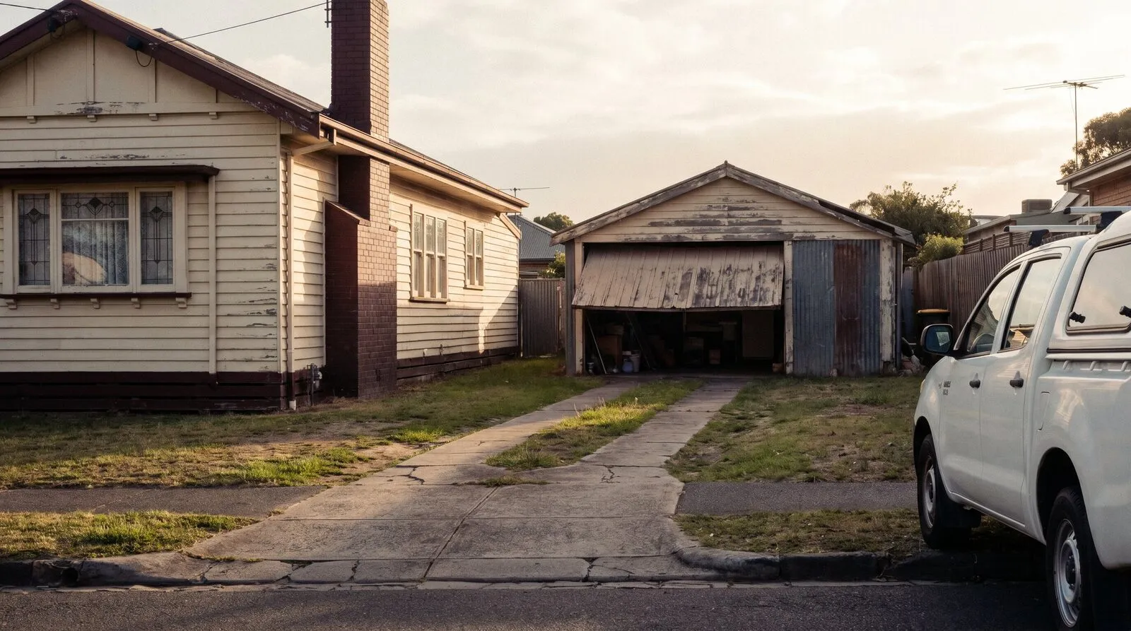 Twin concrete driveway strips running past a weatherboard bungalow to an old detached garage with a sagging tilt door