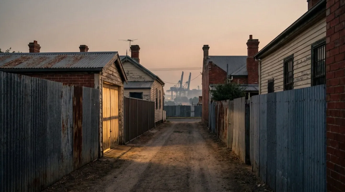 A Mayfield back lane at dusk with corrugated iron fences, one garage lit from inside, and the port cranes on the horizon