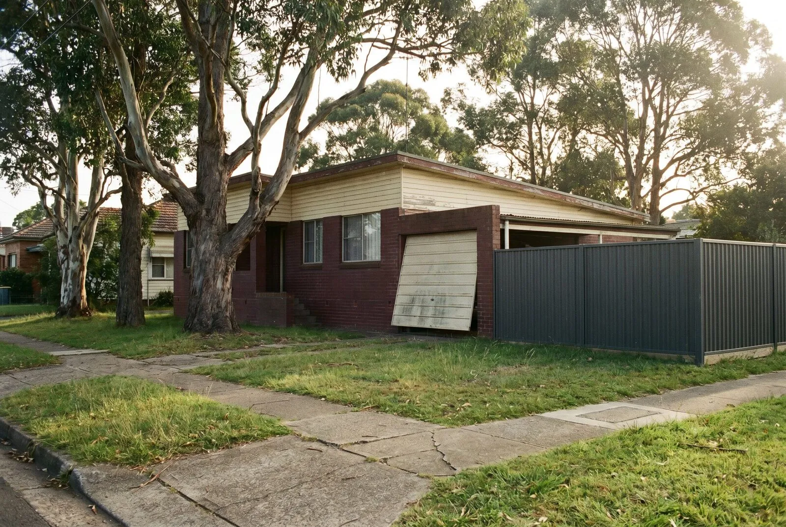 A leafy New Lambton home with an ageing tilt garage door half-open beside a Colorbond-style boundary fence