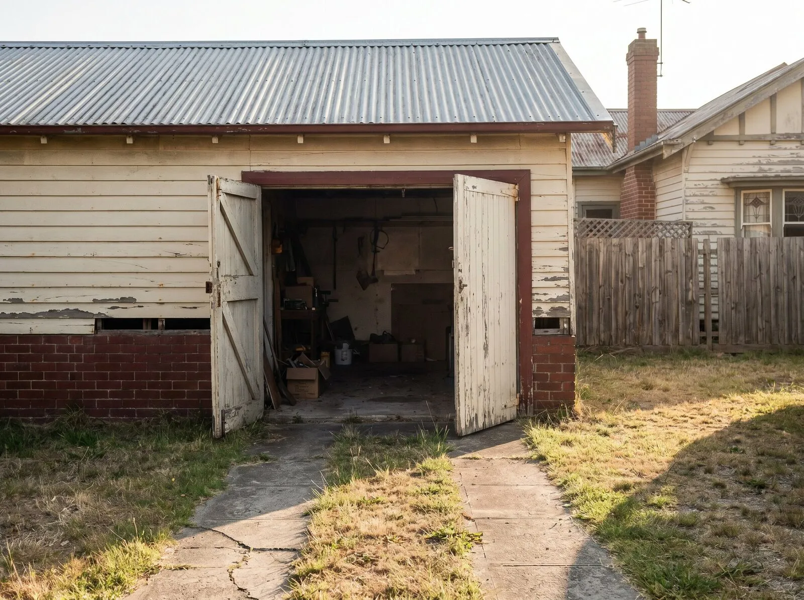 An interwar detached garage with a narrow timber-framed opening, original doors open and the frame slightly out of square