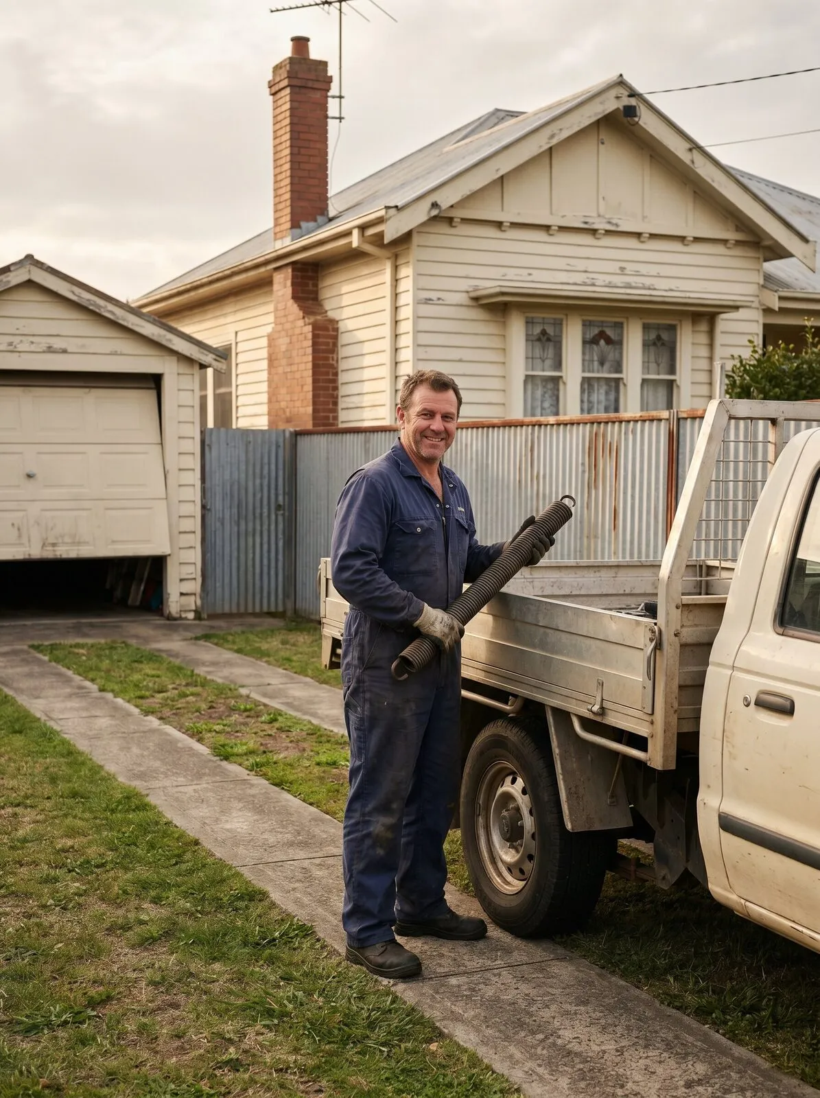 A garage door technician standing at his ute in a Mayfield driveway holding a coiled torsion spring