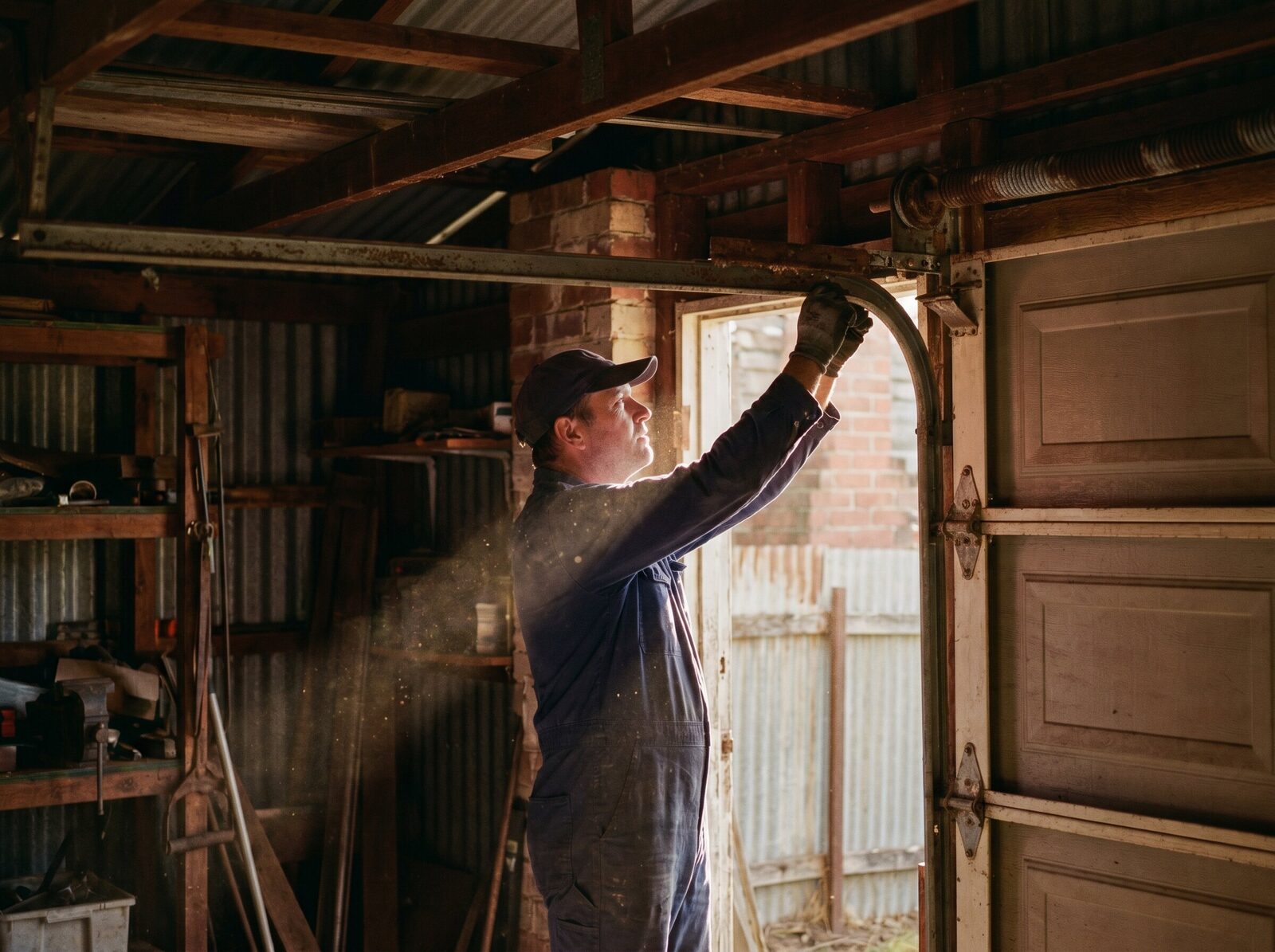 A garage door technician inspecting the rusted torsion spring above an old door opening inside a dim timber garage