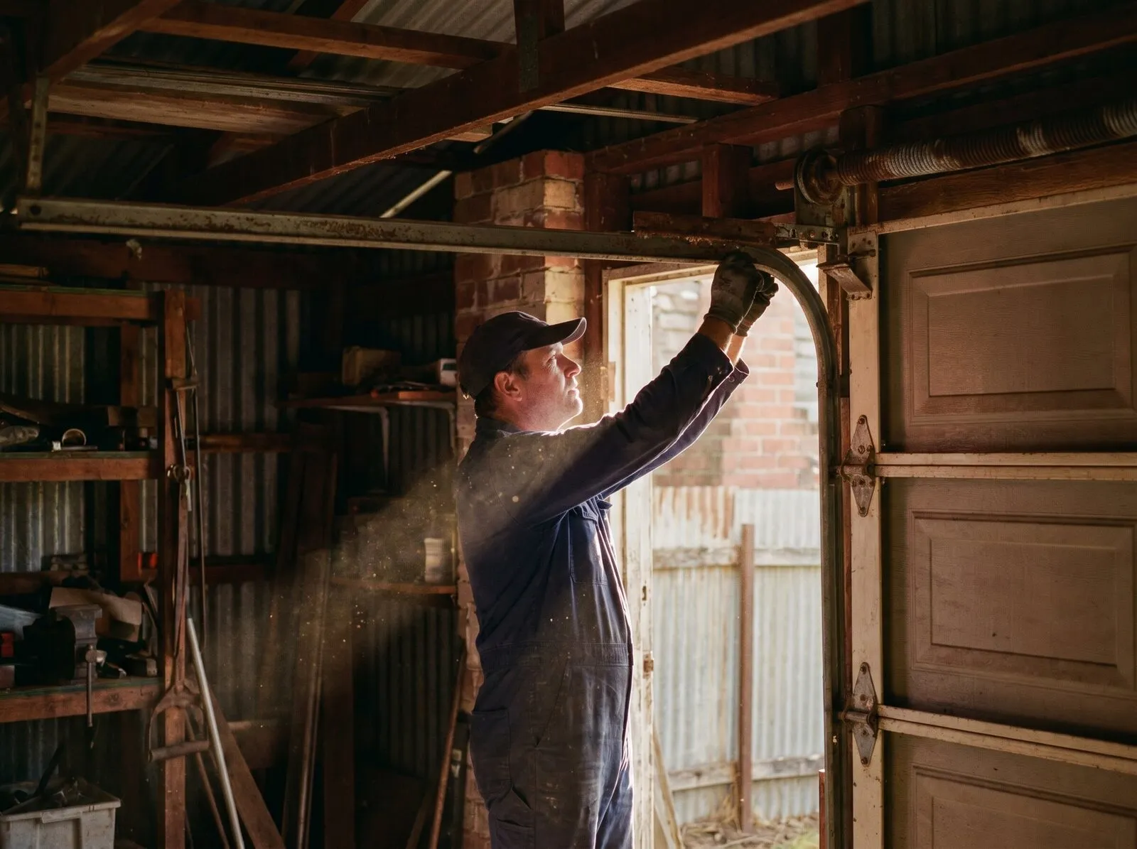 A garage door technician inspecting the rusted torsion spring above an old door opening inside a dim timber garage