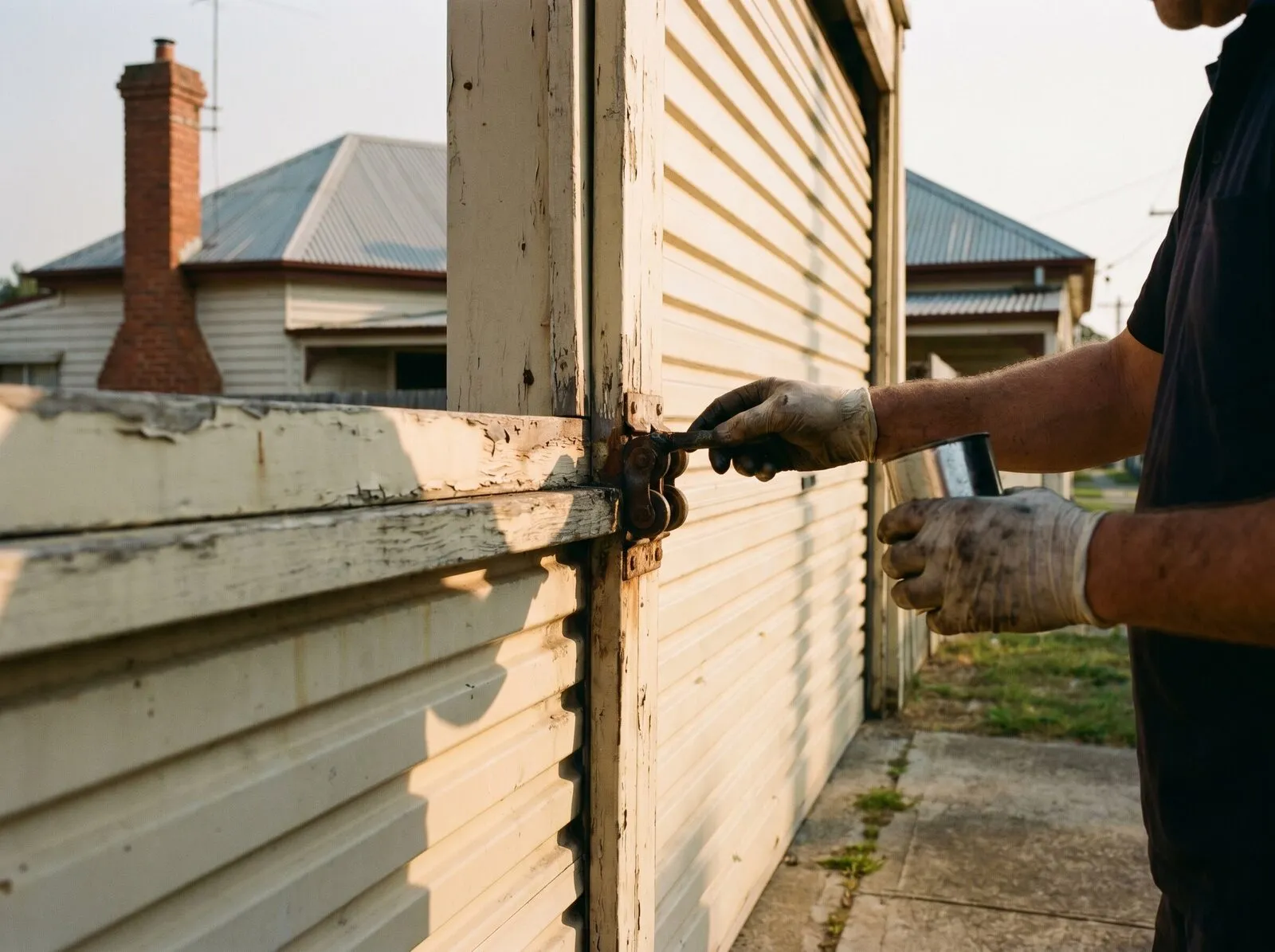 A technician's hands lubricating the rollers and hinge line of an ageing sectional garage door